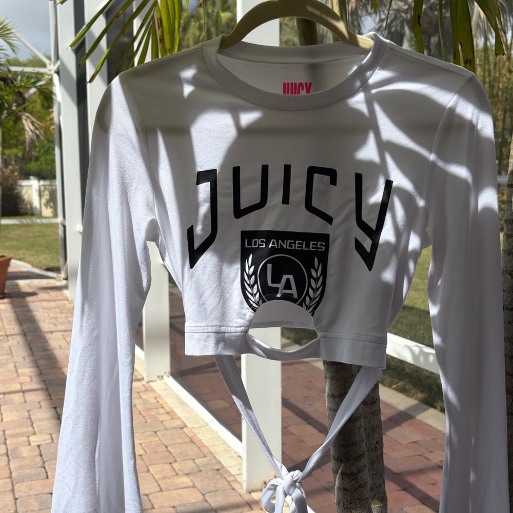 Juicy Couture Long Bell Sleeve Cut Out Wrap Crop Top NWOT Black White Shirt XS - Picture 15 of 17